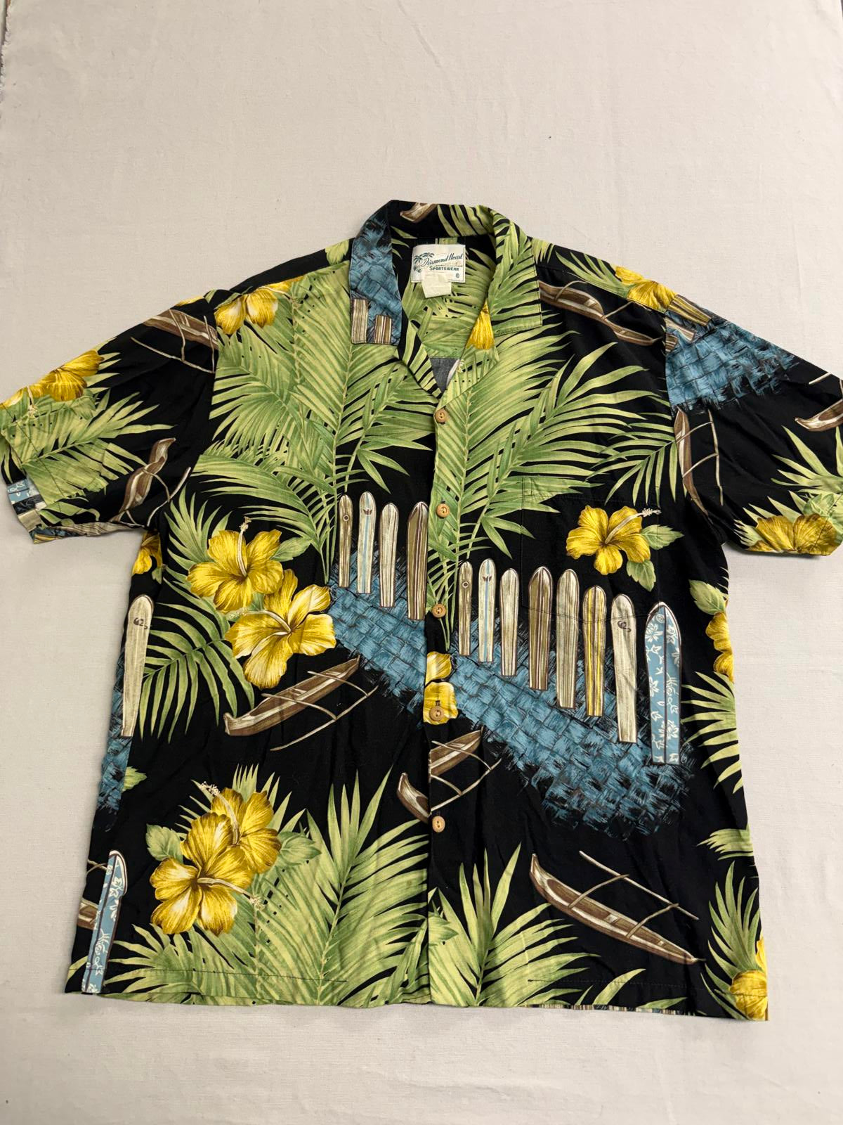Mens Hawaii Shirt Wooden Surfboards Rayon- Made in Hawaii -M