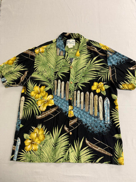Mens Hawaii Shirt Wooden Surfboards Rayon- Made in Hawaii -M