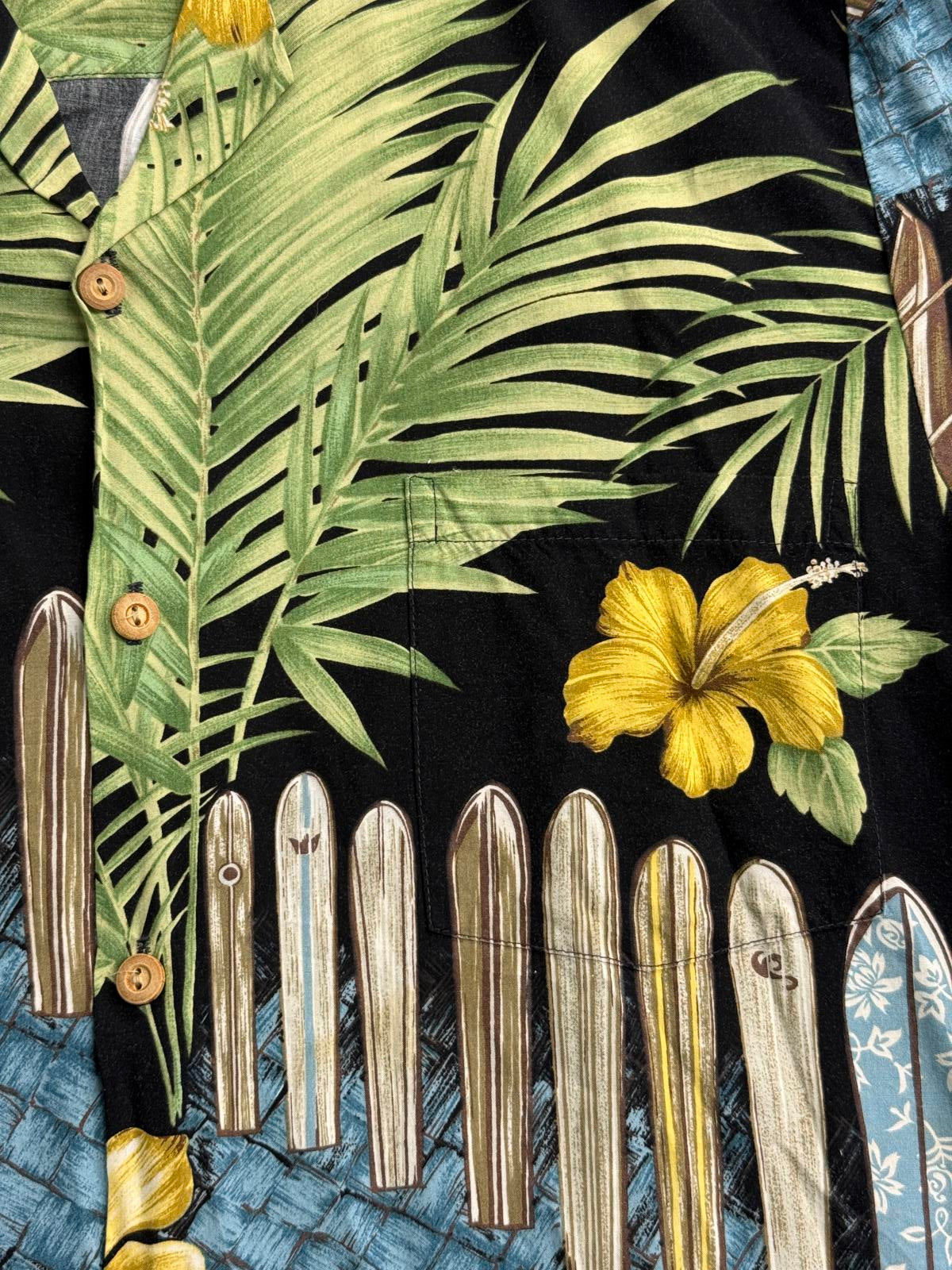 Mens Hawaii Shirt Wooden Surfboards Rayon- Made in Hawaii -M
