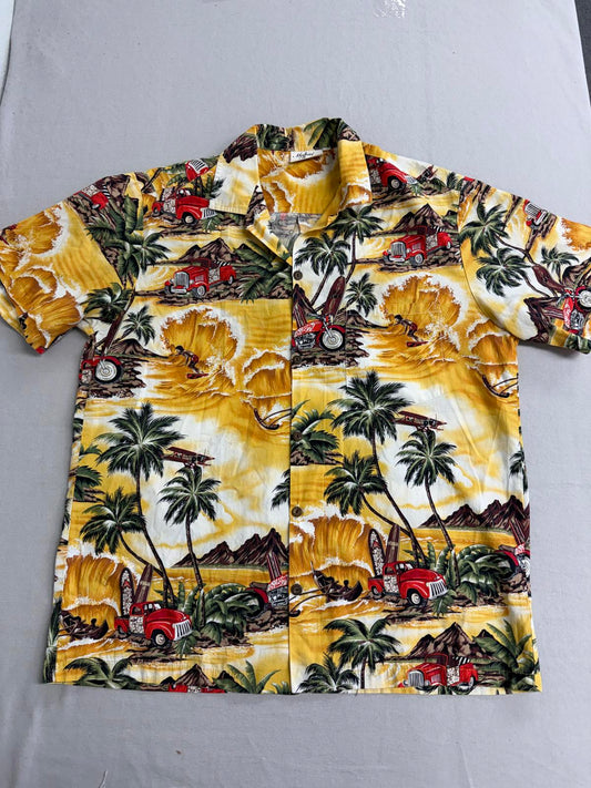 Mens Hawiian Shirt Volcano Surfing Bikes- Made in Hawaii - L
