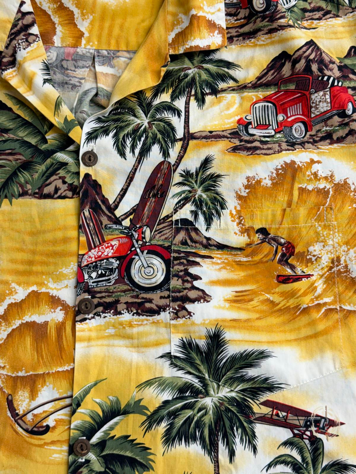 Mens Hawiian Shirt Volcano Surfing Bikes- Made in Hawaii - L