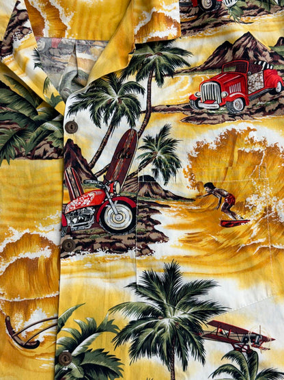Mens Hawiian Shirt Volcano Surfing Bikes- Made in Hawaii - L