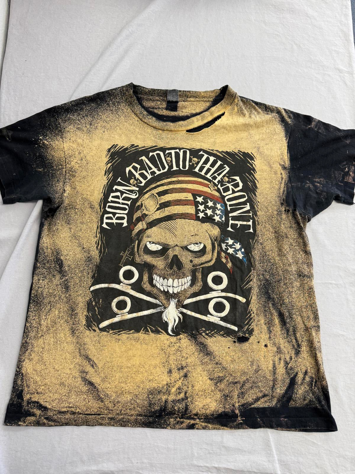 Vintage 80s Biker Skull Tshirt Born Bad to Tha Bone Thrashed